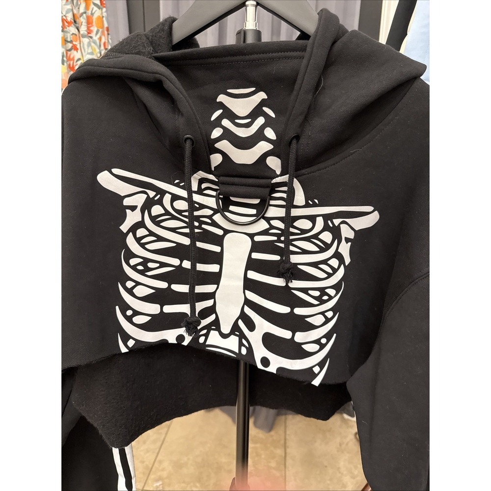 Dolls Kill Trickz N' Treatz Flesh N' Bones Reflective Cropped Skeleton Hoodie L